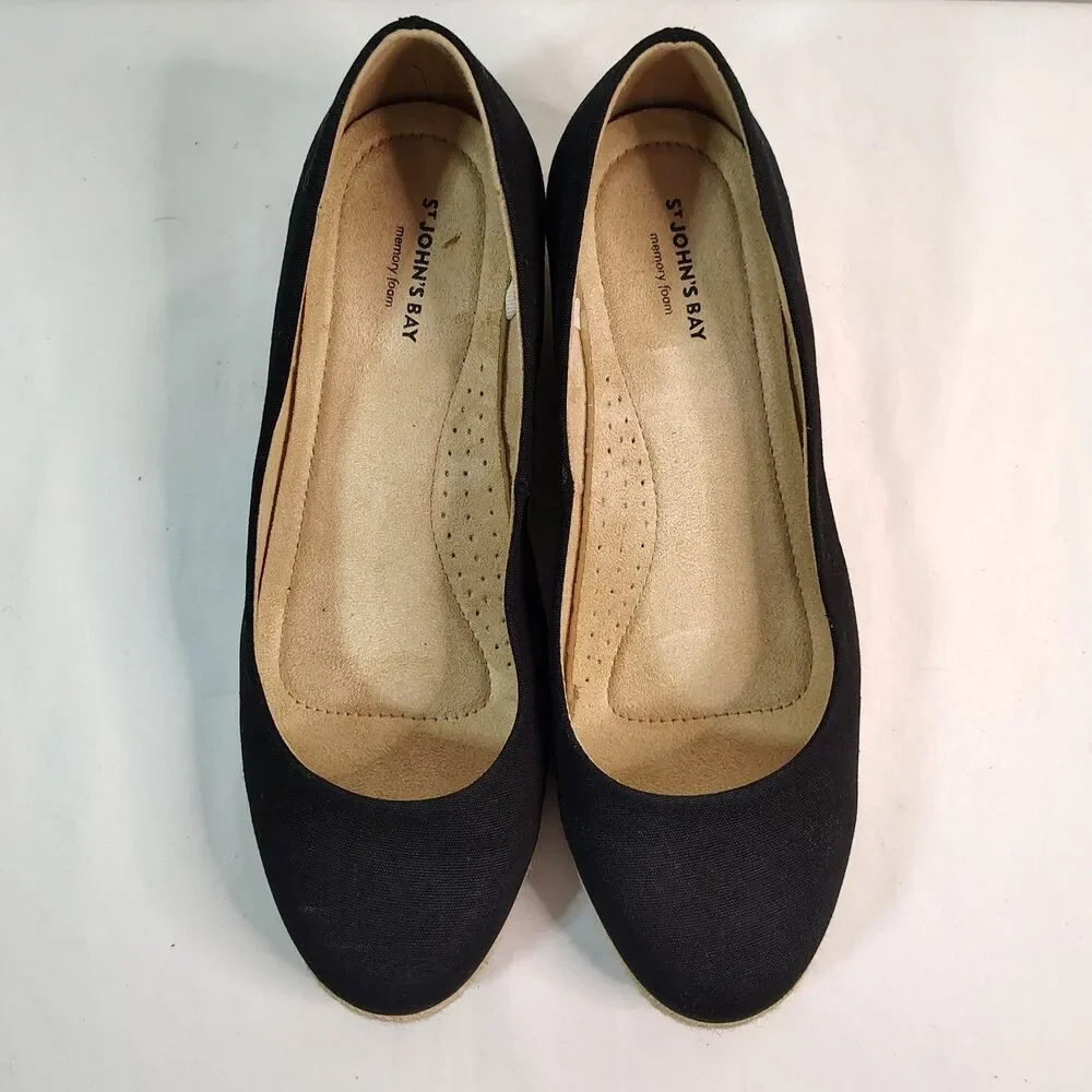 St. John’s Bay Women’s 8.5W Black Espadrille Wedge Flats Memory Foam Comfort